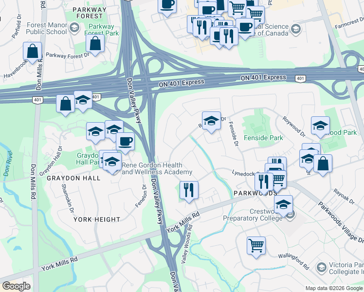 map of restaurants, bars, coffee shops, grocery stores, and more near 214 Roywood Drive in Toronto