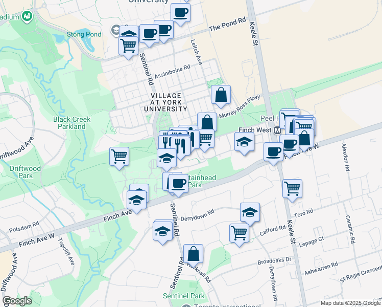map of restaurants, bars, coffee shops, grocery stores, and more near 37 Four Winds Drive in Toronto