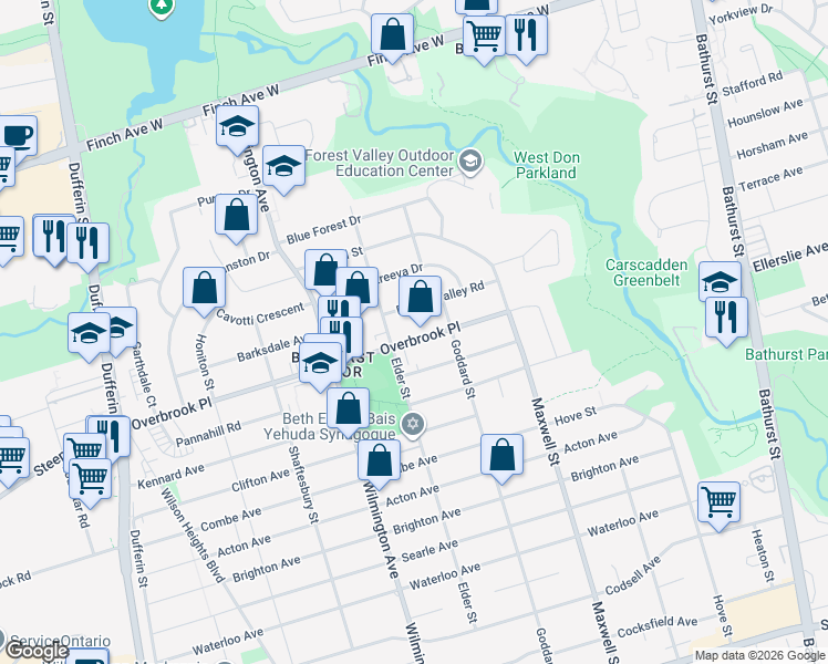 map of restaurants, bars, coffee shops, grocery stores, and more near in Toronto