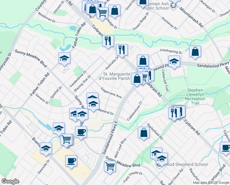 map of restaurants, bars, coffee shops, grocery stores, and more near 15 Sugarcane Avenue in Brampton