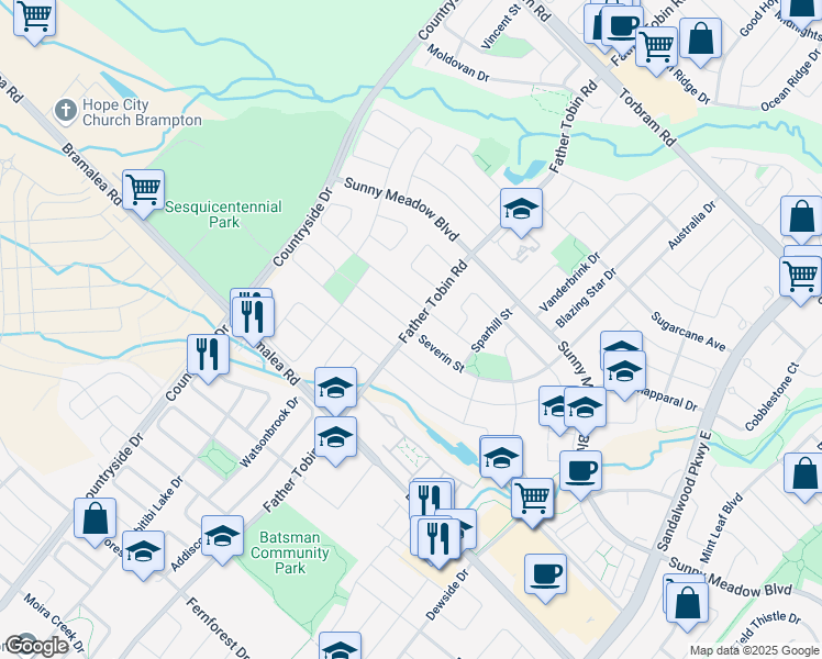 map of restaurants, bars, coffee shops, grocery stores, and more near Father Tobin Road in Brampton