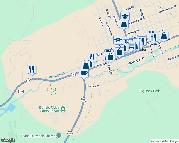 map of restaurants, bars, coffee shops, grocery stores, and more near 14-16 Mount Rushmore Road in Custer