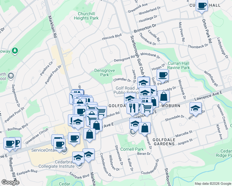 map of restaurants, bars, coffee shops, grocery stores, and more near in Toronto