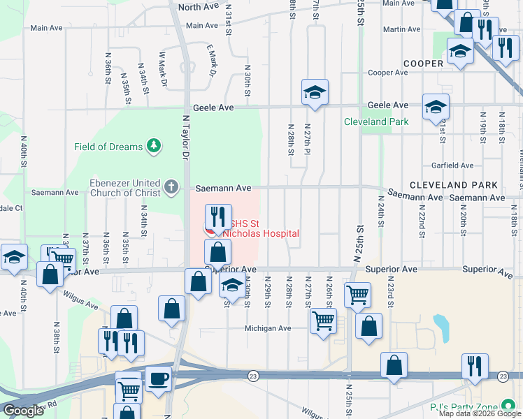 map of restaurants, bars, coffee shops, grocery stores, and more near 1724 North 29th Street in Sheboygan