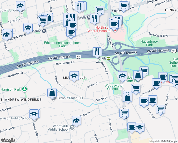 map of restaurants, bars, coffee shops, grocery stores, and more near 61 Northey Drive in Toronto