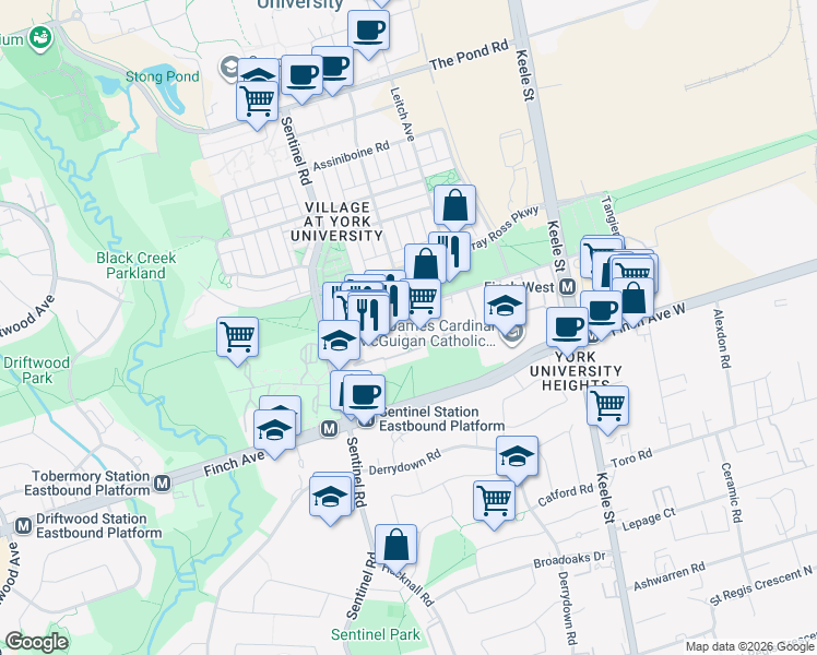 map of restaurants, bars, coffee shops, grocery stores, and more near 31 Four Winds Drive in Toronto