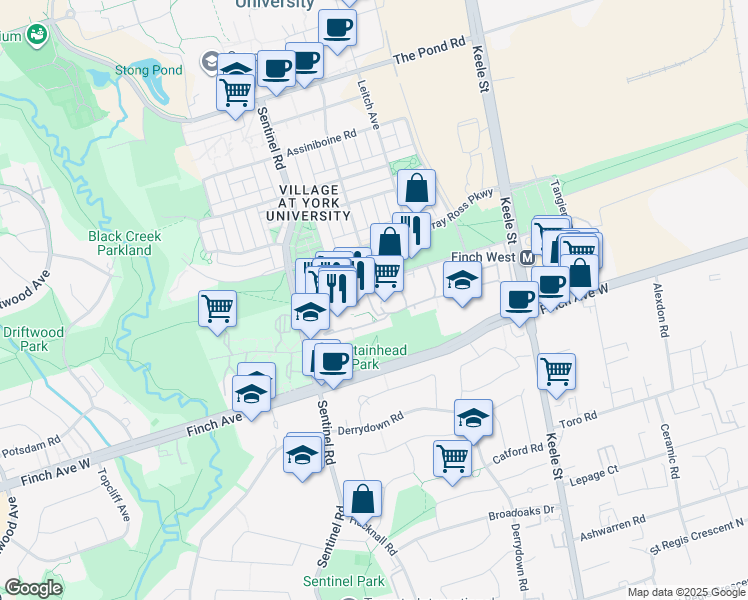 map of restaurants, bars, coffee shops, grocery stores, and more near 31 Four Winds Drive in Toronto