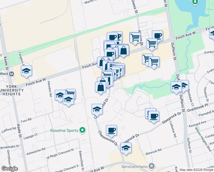 map of restaurants, bars, coffee shops, grocery stores, and more near 4480 Chesswood Drive in Toronto