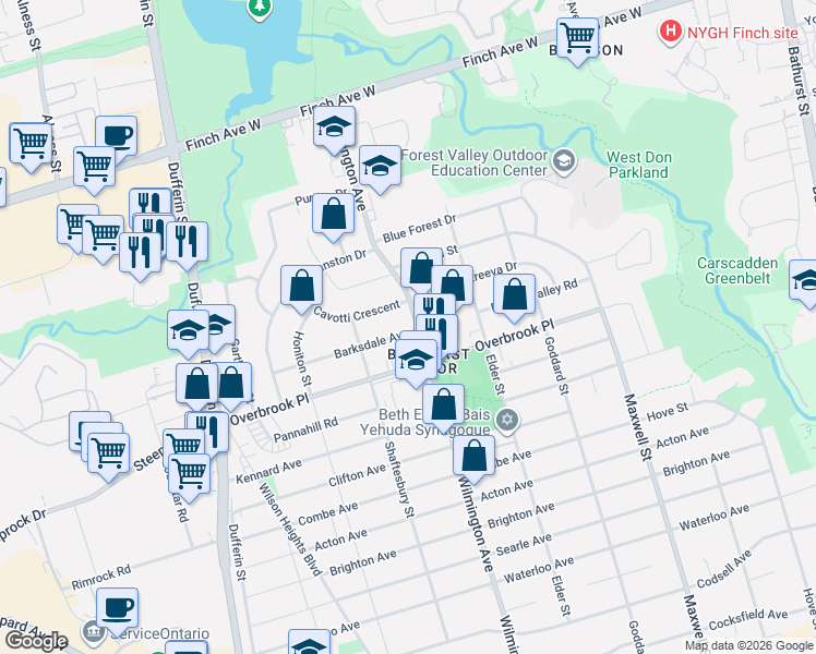 map of restaurants, bars, coffee shops, grocery stores, and more near 240 Wilmington Avenue in Toronto