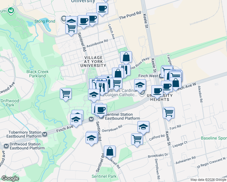 map of restaurants, bars, coffee shops, grocery stores, and more near 31 Four Winds Drive in Toronto