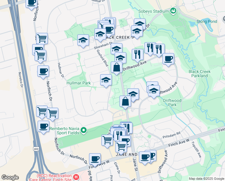 map of restaurants, bars, coffee shops, grocery stores, and more near 25 Gosford Boulevard in Toronto