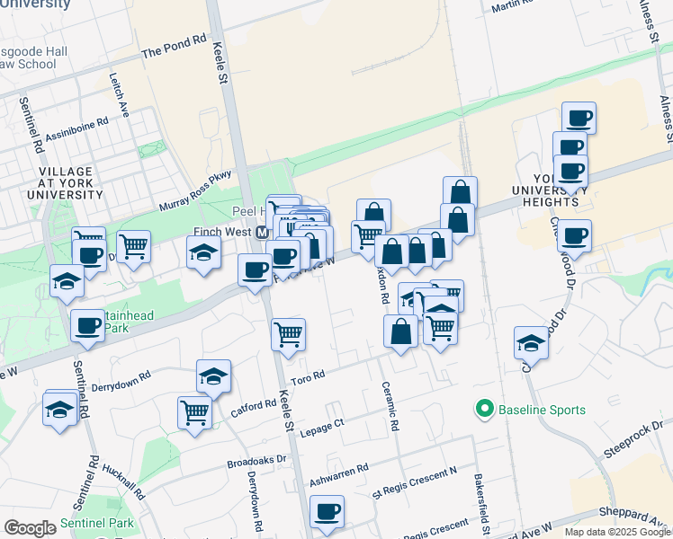 map of restaurants, bars, coffee shops, grocery stores, and more near 1280 Finch Avenue West in Toronto