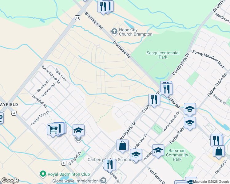 map of restaurants, bars, coffee shops, grocery stores, and more near in Brampton