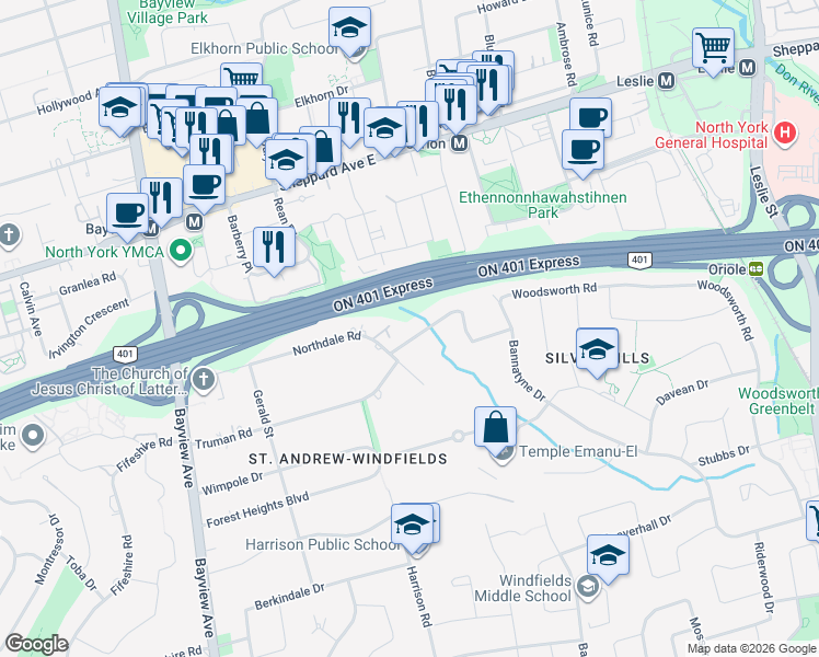 map of restaurants, bars, coffee shops, grocery stores, and more near 100 Northdale Road in Toronto
