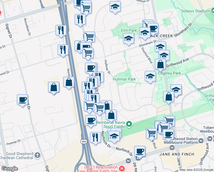 map of restaurants, bars, coffee shops, grocery stores, and more near in Toronto