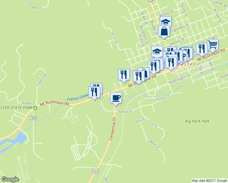 map of restaurants, bars, coffee shops, grocery stores, and more near 24 Mt Rushmore Rd in Custer