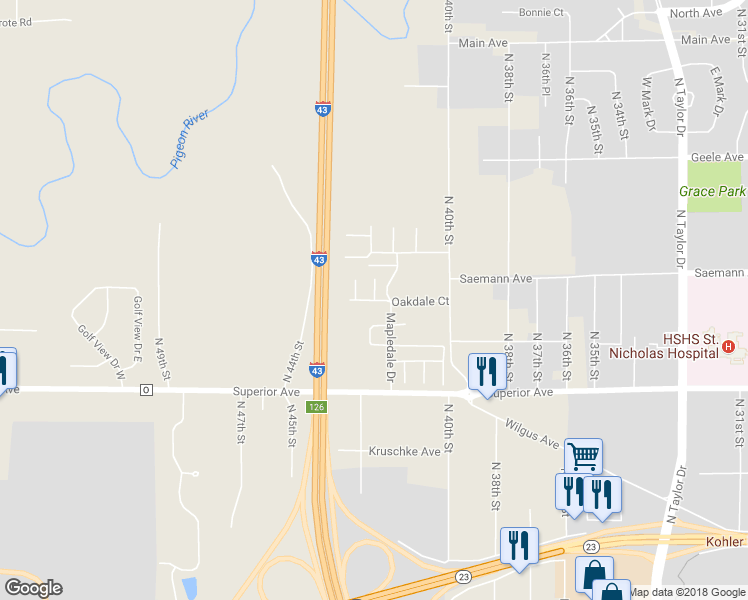 map of restaurants, bars, coffee shops, grocery stores, and more near 1700 Springwood Court in Sheboygan