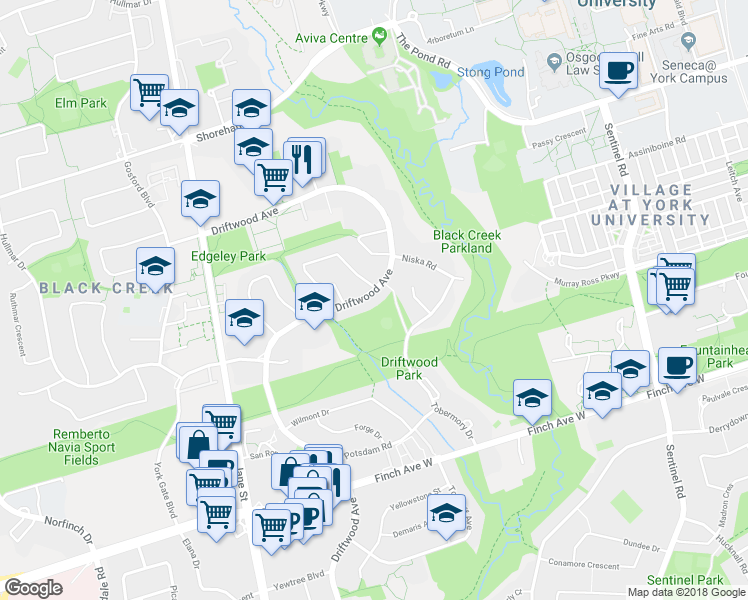 map of restaurants, bars, coffee shops, grocery stores, and more near 297 Driftwood Avenue in Toronto