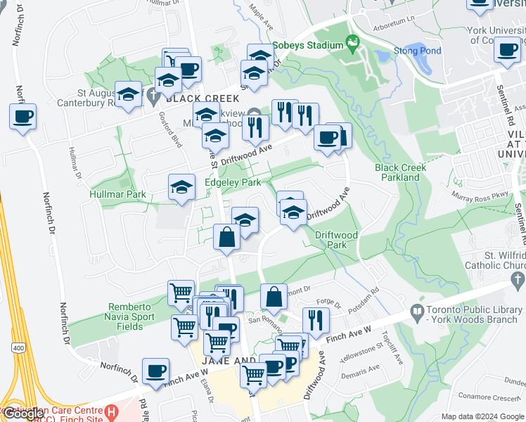 map of restaurants, bars, coffee shops, grocery stores, and more near 14 Laskay Crescent in Toronto