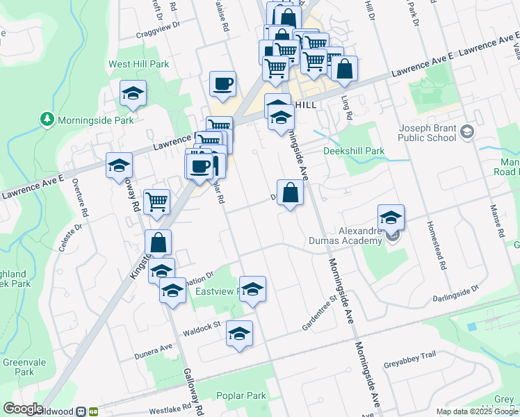 map of restaurants, bars, coffee shops, grocery stores, and more near 27 Danzig Street in Toronto
