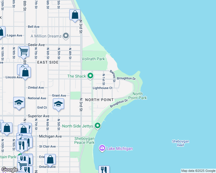 map of restaurants, bars, coffee shops, grocery stores, and more near 80 Lighthouse Court in Sheboygan