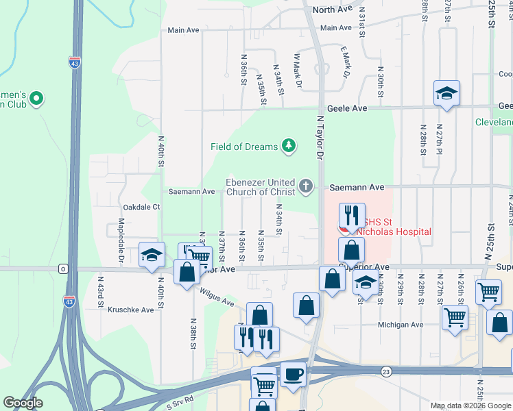 map of restaurants, bars, coffee shops, grocery stores, and more near 1711 North 35th Street in Sheboygan