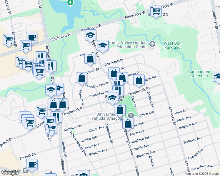 map of restaurants, bars, coffee shops, grocery stores, and more near in Toronto