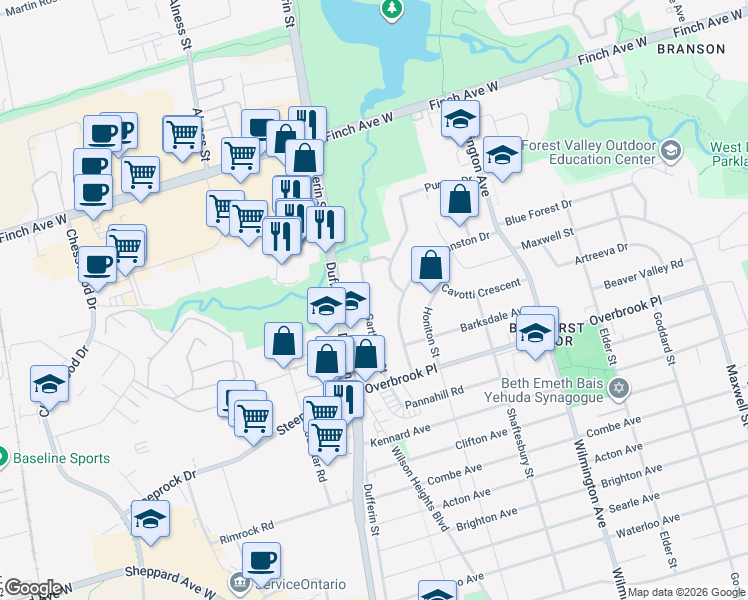 map of restaurants, bars, coffee shops, grocery stores, and more near in Toronto