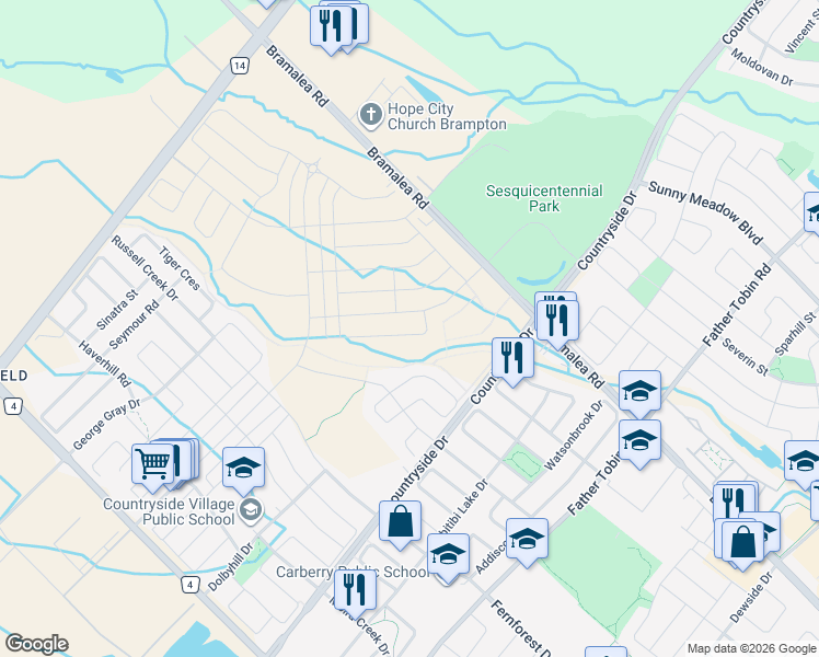 map of restaurants, bars, coffee shops, grocery stores, and more near 11532-11566 Bramalea Road in Brampton