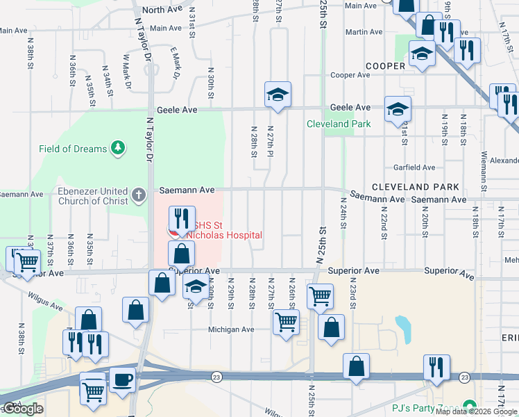 map of restaurants, bars, coffee shops, grocery stores, and more near 1723 North 27th Place in Sheboygan