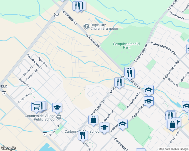 map of restaurants, bars, coffee shops, grocery stores, and more near 11532-11566 Bramalea Road in Brampton