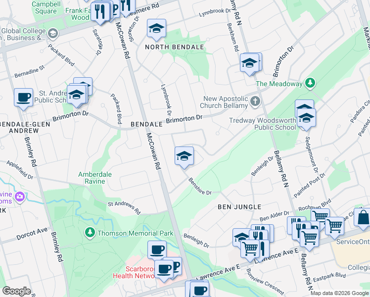 map of restaurants, bars, coffee shops, grocery stores, and more near 7 Jarwick Drive in Toronto