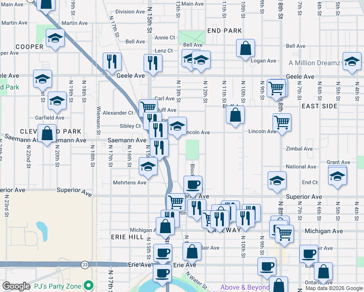 map of restaurants, bars, coffee shops, grocery stores, and more near 1731 North 13th Street in Sheboygan