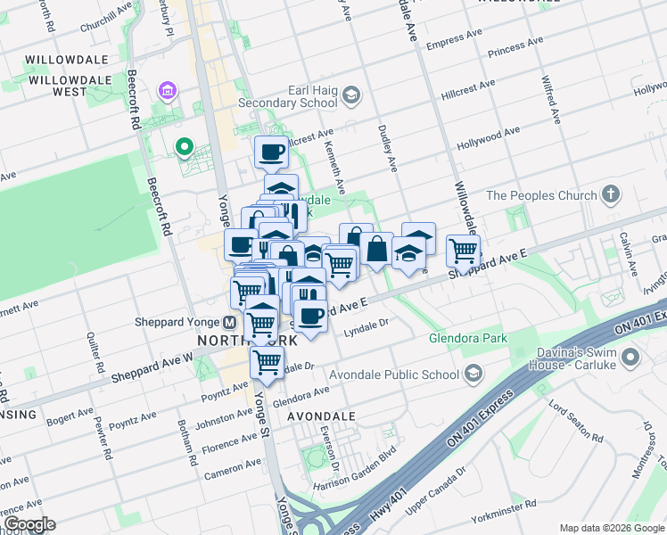 map of restaurants, bars, coffee shops, grocery stores, and more near 10 Kenneth Avenue in Toronto