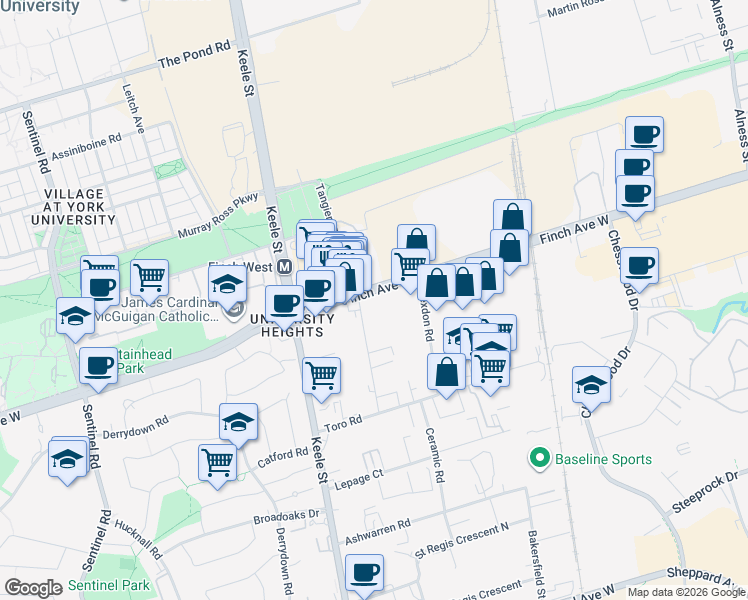 map of restaurants, bars, coffee shops, grocery stores, and more near 1275 Finch Avenue West in Toronto