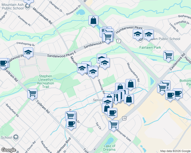 map of restaurants, bars, coffee shops, grocery stores, and more near 97 Snowcap Road in Brampton
