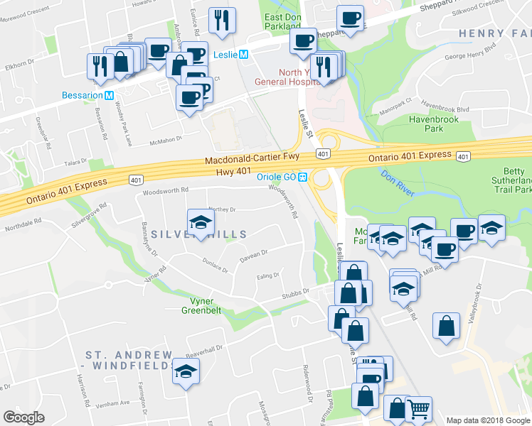 map of restaurants, bars, coffee shops, grocery stores, and more near 83 Northey Drive in Toronto