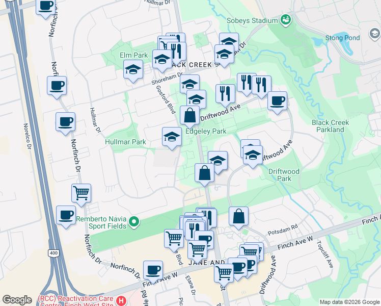 map of restaurants, bars, coffee shops, grocery stores, and more near 27 Gosford Boulevard in Toronto