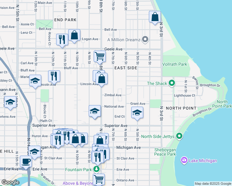map of restaurants, bars, coffee shops, grocery stores, and more near 1803 North 7th Street in Sheboygan