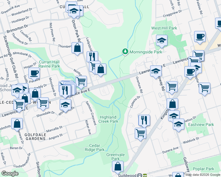 map of restaurants, bars, coffee shops, grocery stores, and more near 3967 Lawrence Avenue East in Toronto