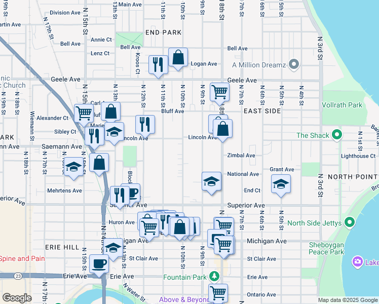 map of restaurants, bars, coffee shops, grocery stores, and more near 1733 N 10th St in Sheboygan