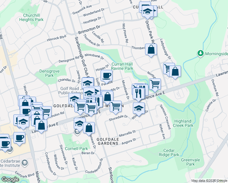 map of restaurants, bars, coffee shops, grocery stores, and more near 17 Caddy Drive in Toronto