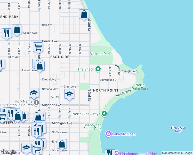 map of restaurants, bars, coffee shops, grocery stores, and more near 1808 N 2nd St in Sheboygan