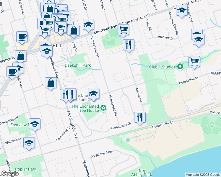 map of restaurants, bars, coffee shops, grocery stores, and more near 69b Homestead Road in Toronto