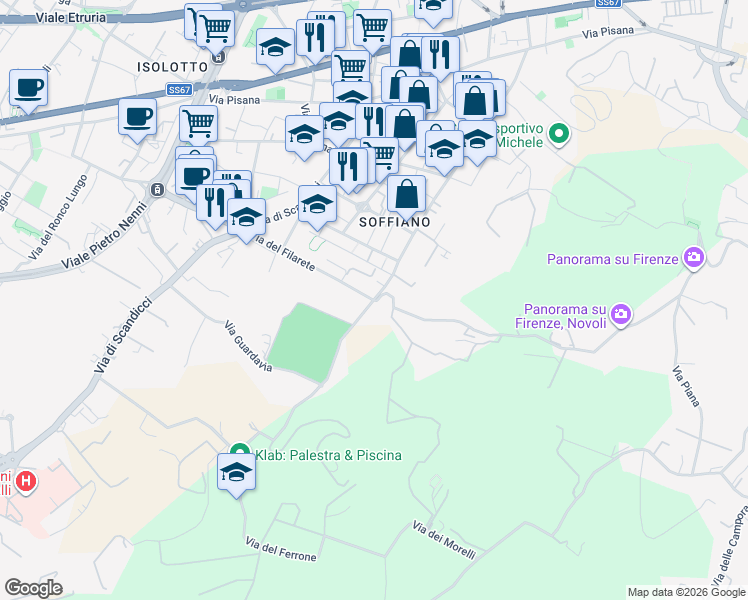 map of restaurants, bars, coffee shops, grocery stores, and more near 1 Via del Filarete in Florence