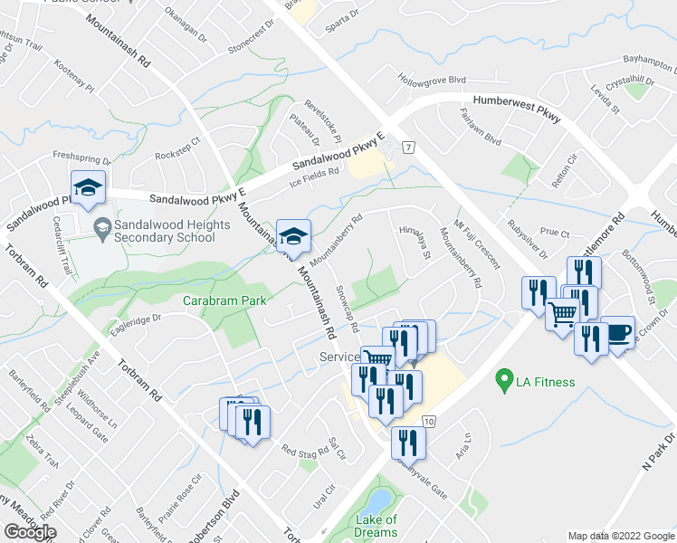 map of restaurants, bars, coffee shops, grocery stores, and more near 97 Snowcap Road in Brampton