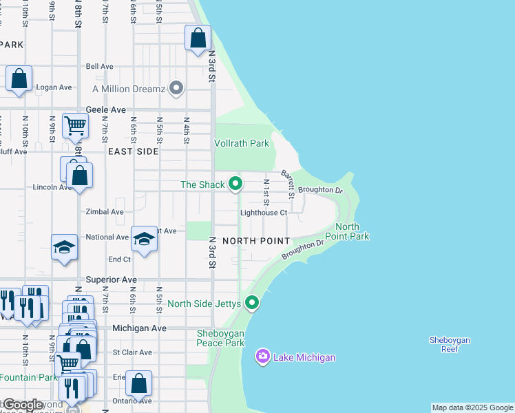map of restaurants, bars, coffee shops, grocery stores, and more near 118A Lighthouse Court in Sheboygan
