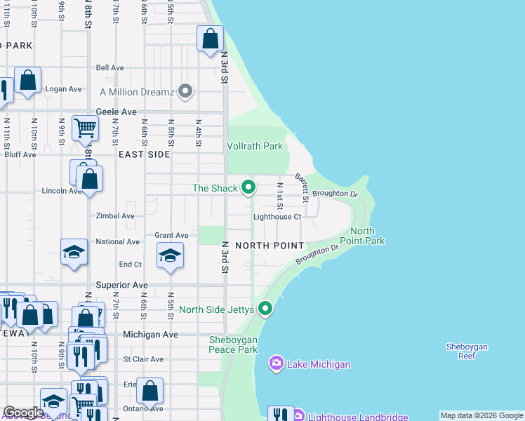 map of restaurants, bars, coffee shops, grocery stores, and more near 118A Lighthouse Court in Sheboygan