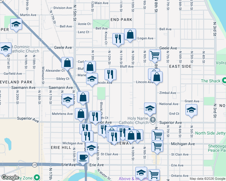 map of restaurants, bars, coffee shops, grocery stores, and more near 1734 North 11th Street in Sheboygan