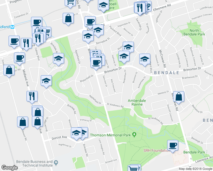 map of restaurants, bars, coffee shops, grocery stores, and more near 39 Sancrest Drive in Toronto